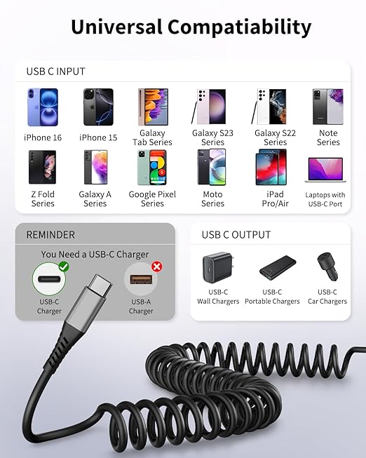 Coiled USB C to USB C Cable 3FT, 2Pack Retractable Car Charger Cord Type C to C Cable Fast Charging for iPhone 17 16 15 Pro Max, iPad, MacBook, Samsung Galaxy S23 S24, USBC to USBC Cables for Car