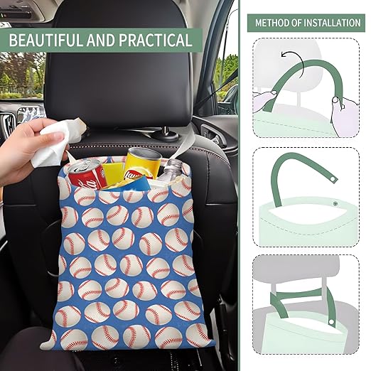 AXZOPDE Cute Car Trash Can, Hanging Canvas Car Back Seat Organizer and Storage Bag, Funny Car Trash Bag For Travelling, Outdoor Cute Blue Baseball