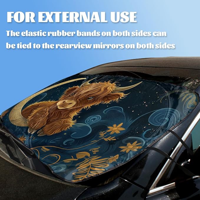 Cute Highland Cow Car Window Sun Shield Moon Flowers Night Sky Animals Front Window Sun Shade Blocks UV Rays Sun Visor Protector for Car Sedan Truck SUV Accessories 59" L x 31.5" W