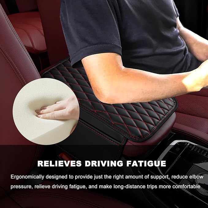 Car Center Console Cover, Waterproof Leather Arm Rest Cushion Pad with 2 Storage Bags, Anti-Scratch Armrest Seat Box Protector Interior Accessories for Most Vehicles (Black & Red)