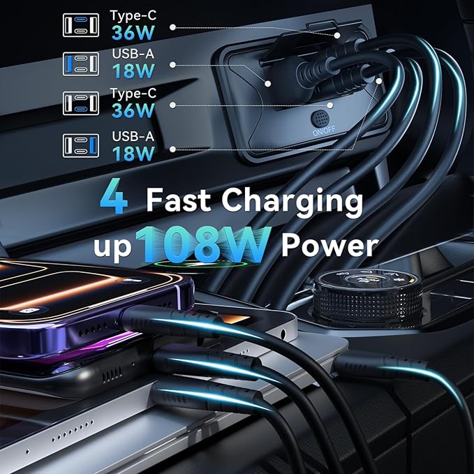 108W 4 Ports 12V RV USB Switch Outlet, 2 * 36W PD3.0 Type-C + 2 * 18W QC3.0 Quick Charge Panel Wall Mount Car Charger Socket Waterproof Multi-Port Adapter for Marine Truck Boat ATV Bus