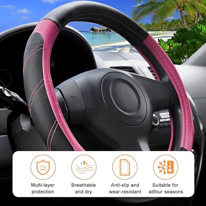 Car Steering Wheel Cover, 14.5-15" Non-Slip Leather Sporty Vehicle Steering Wheel Protector, Breathable Auto Interior Decoration Accessories, Universal for Van Truck Sedan (Pink)
