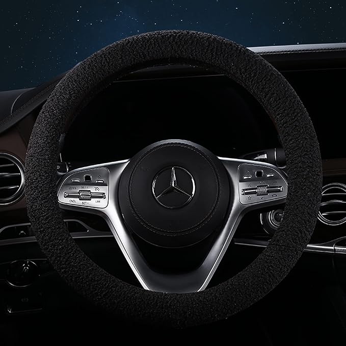 Furry Winter Car Steering Wheel Cover for Women, Soft Fleece Short Plush Warm Universal Auto Accessories for Vehicle, Sedan, Fuzzy, Anti Slip, Black, Standard Size, 14.75-15.15in