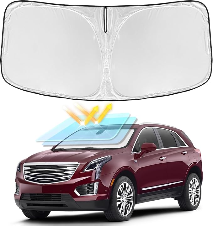 for Cadillac XT5 2017-2025 Windshield Sun Shade - 4 Layers Car Sunshades for Front Windows Shade Cover Custom Fit XT5 Sun Visor 240T Retractable Shade Blocks UV Rays Car Accessories