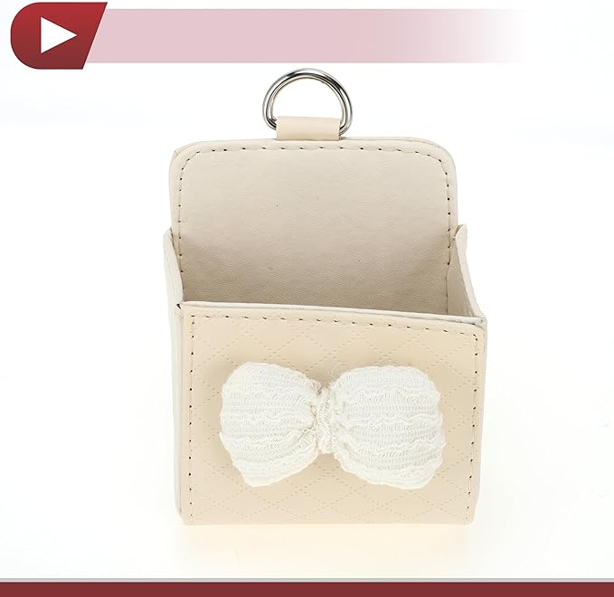 1 Pc Car Trash Can Hanging Trash Bin 3.5" Length 2.0" Width 4.3" Height Beige Faux Leather