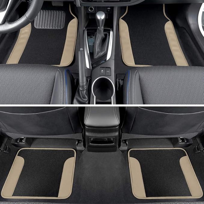 BDK Two-Tone Carpet Car Floor Mats with Faux Leather Accents, Automotive Floor Mat Set with Built-in Heel Pad, Stylish Interior Car Accessories (Beige)