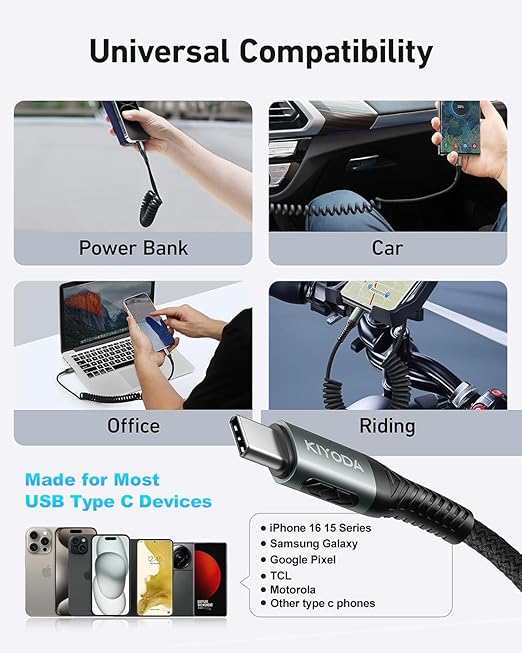 USB C Cable 3FT, 2Pack Coiled USB A to USB C Cable for Car, USB to USB C 66W Fast Charging Cord Upgraded Amazing Durable Braided USB C Cable for iPhone 17 16 15/Pro Max/Plus, Samsung Galaxy and More