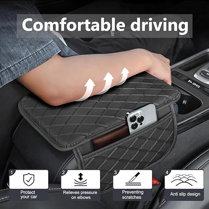Center Console Cover Universal Armrest Cover with 2 Storage Bags Leather Car Middle Console Cover Arm Rest Cover for Car Interior Accessories Protector for Most Vehicle