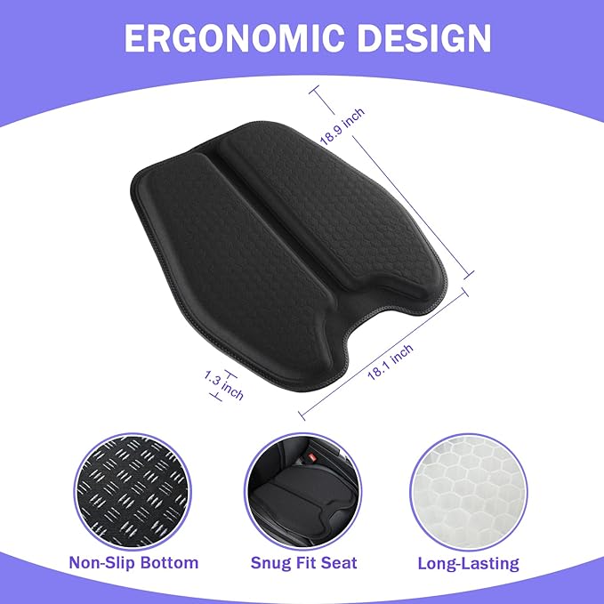 Soft Thin Gel Seat Cushion for Car Seat, Office Chair, Wheelchair, Stadium - Non-Slip Car Seat Cushions with 1 Inch Gel - Sciatica & Tailbone Pain Relief (Black)
