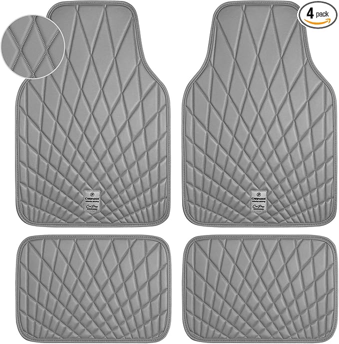 CAR PASS Luxury Faux Leather Floor Mats for Cars, Waterproof All Weather Car Mats Full Set, Anti-Slip Deluxe Automotive Floor Mats Universal Fit for Most SUV,Vans,Sedans,Trucks, 4 Piece Gray