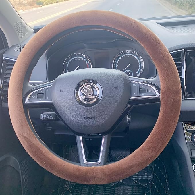 Fluffy Steering Wheel Cover, Short Plush Auto Accessories for Men and Women with Inner Ring Universal 15 Inch (Brown)