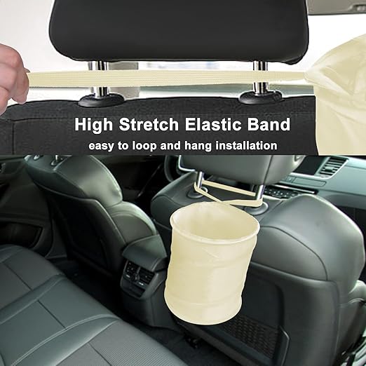 Kincown Car Trash Can, 2 Packs Mini Collapsible Car Trash Bin for Front Back Seat, Pop up Car Garbage Can, Portable Car Trash Bag Hanging for Vehicle SUV Rv Truck Accessories Interior, Beige