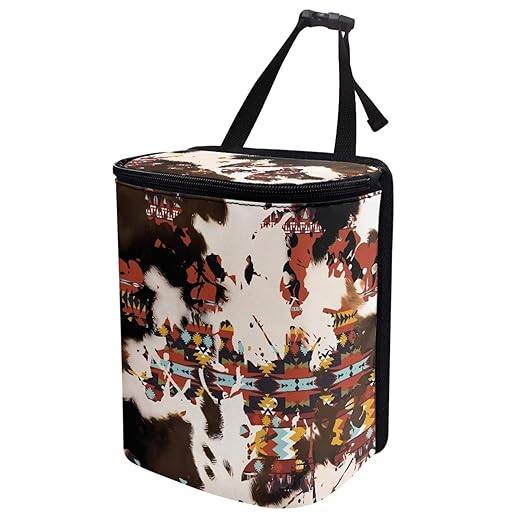 Southwestern Aztec Cow Brown Car Trash Can Garbage Bin Leak Proof Waste Basket Bin with Lid,Portable Camping Garbage Container Fit Most Vehicle