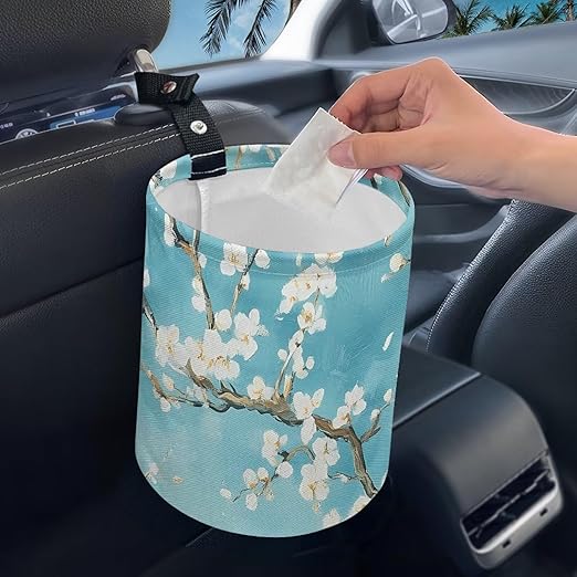 Flower Car Garbage Can Small Trash Can with Leak Proof Inside Liner And Hanging Strap Car Organizer Portable Car Essentials
