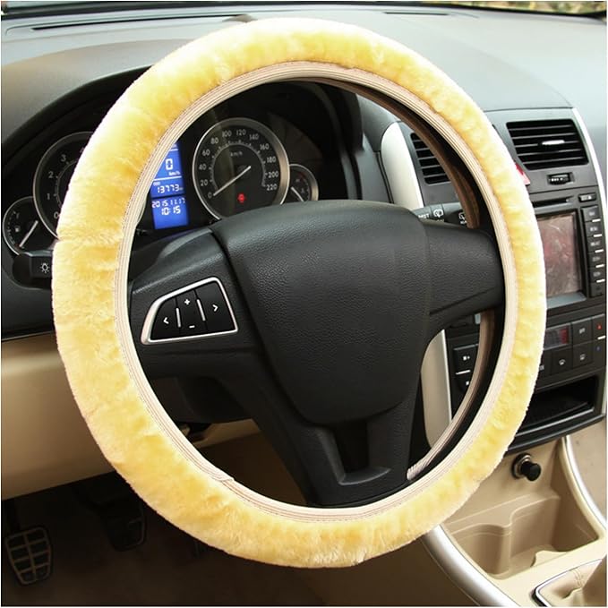 Ziciner Elastic Fuzzy Steering Wheel Cover, 15'' Soft Steering Wheel Protector for Warm Winter, Anti-Slip Fluffy Car Wheel Covers, Universal Car Interior Decor Accessories for Women Men (Beige)