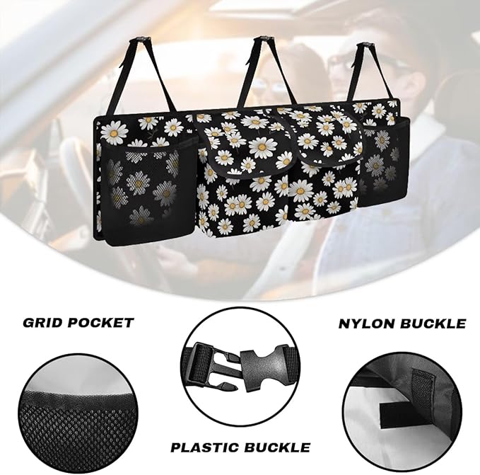 Daisy Trunk Organizer with 4 Pockets, Adjustable Car Organizers Storage Back Seat Car Organizer Machine Washable, Make The Trunk of Your Car Look Neat and Tidy