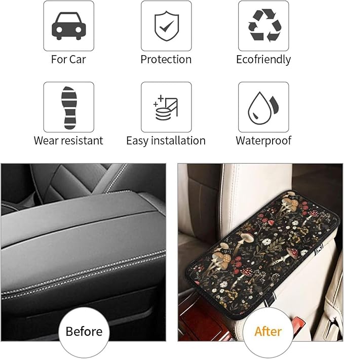 Mushroom Print Car Armrest Box Mat Vintage Boho Brown Floral Auto Center Console Cover Leaf Cars Arm Rest Seat Box Covers Accessories Interior Protection for Most Vehicle SUV Truck