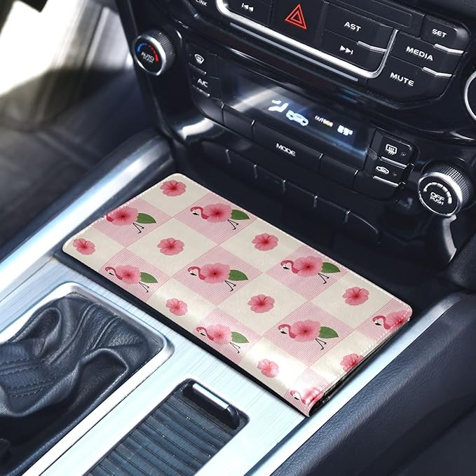 ALAZA Flamingo Pink Floral Plaid Car Registration and Insurance Card Holder Vehicle Glove Box Car Organizer Driver License Documents Holder Waller Case Organizers