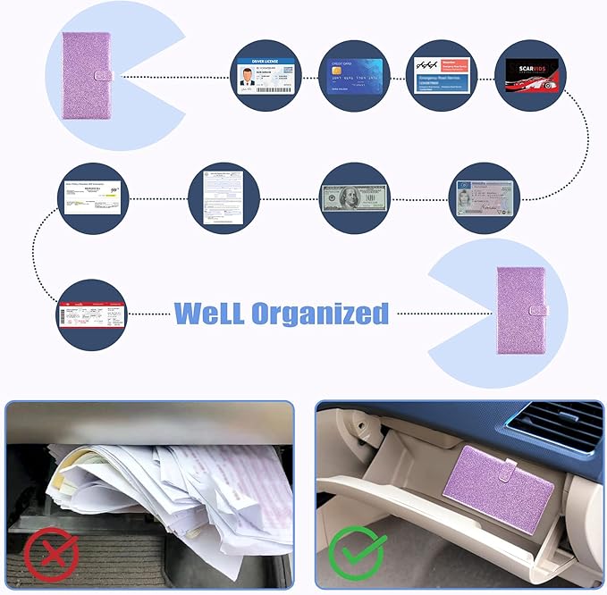 Caweet Car Registration and Insurance Holder Vehicle Glove Box Organizer Leather Car Document Holder for Driver's License, ID, Key Information Cards with Magnetic Closure, Glitter Purple