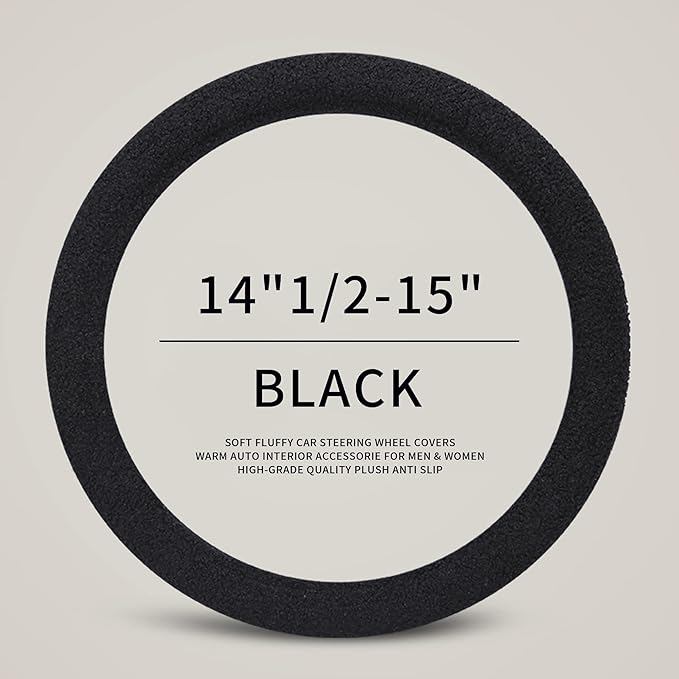 Furry Winter Car Steering Wheel Cover for Women, Soft Fleece Short Plush Warm Universal Auto Accessories for Vehicle, Sedan, Fuzzy, Anti Slip, Black, Standard Size, 14.75-15.15in