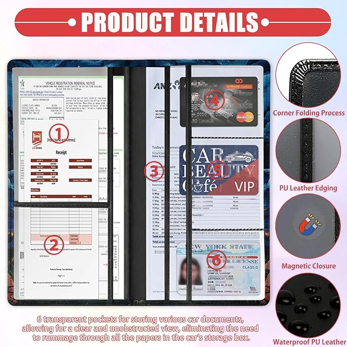 Car Document Holder with Magnetic Shut, Car Registration & Insurance Card Holder, PU Leather Glove Box Organizer Vehicle Accessories Driver License for Women/Men, Pink Baby Bear Under the Night Sky