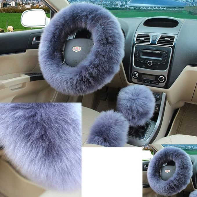 15inches Universal Leather Car Steering Wheel Cover Car Accessories Colorful Fuzzy Steering Wheel Cover Gear Shift Cover Handbrake Cover (Gray)