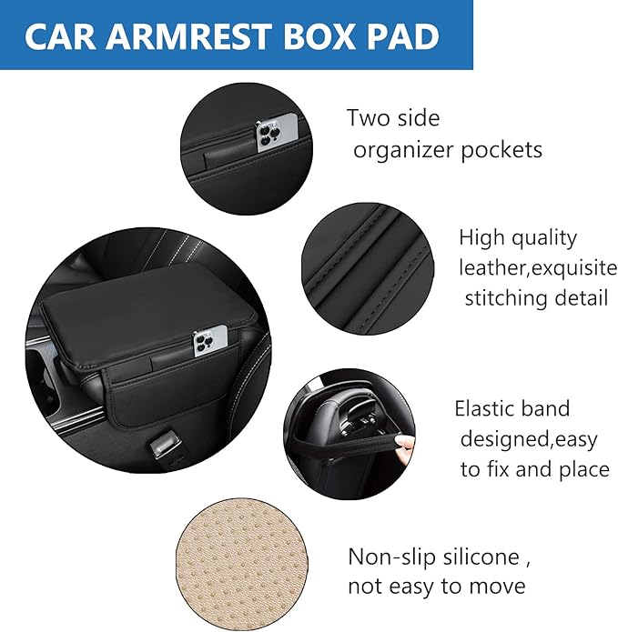Car Center Console Cover Leather Armrest Cover Cushion with 2 Storage Bags Universal Car Armrest Seat Box Pad Car Interior Accessories Protector for Most Vehicle (Black)