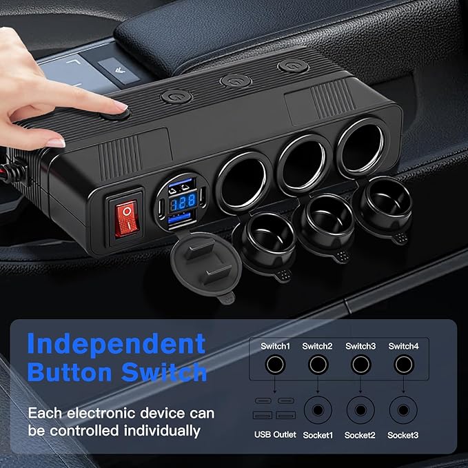 7 in 1 Cigarette Lighter Socket Splitter, 3 Socket Car Charger Adapter with 4 Ports PD66W/QC18W USB Outlet | Independent Switches | Digital Voltmeter, 12V/24V Power Outlet for All Car Devices