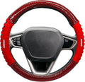 Sport Style Red PU Leather Steering Wheel Cover with Red Sport Grip Anti-Slip Breathable Steering Wheel Accessory Universal Fit 14.75-15 inch
