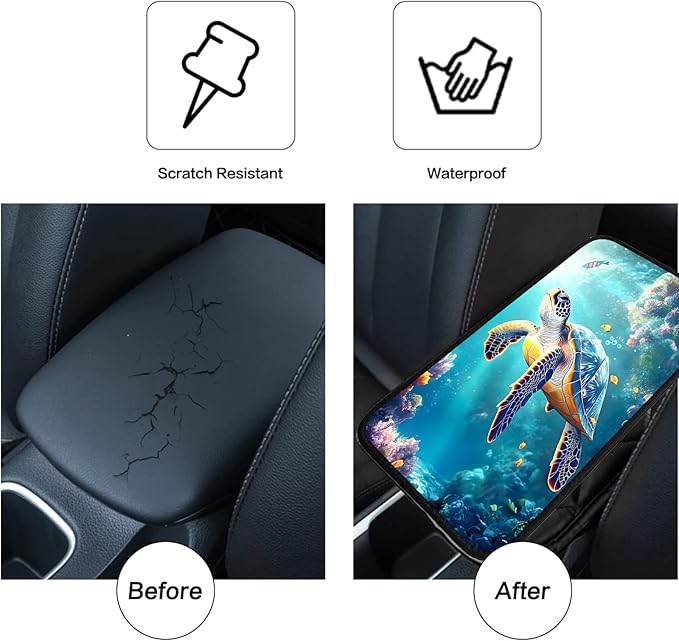 JANENFNA Car Armrest Cover Pads Universal Fashion Cute Auto Center Console Armrest Cover Pad with 2PCS Car Coasters Soft Waterproof Car Armrest Seat Protector for Women,Cute Turtle