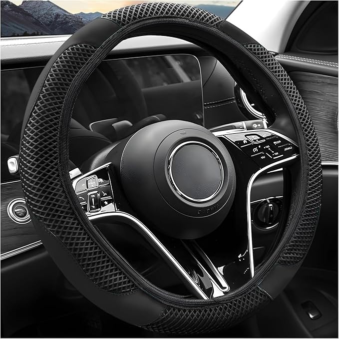 Elastic Stretch Steering Wheel Cover, Warm in Winter and Cool in Summer, Universal 15 inch Microfiber Breathable Ice Silk Anti Slip Car Interior Accessories, Odorless, (Black)