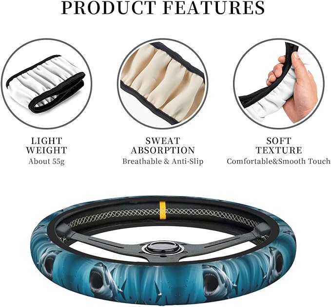 Shark Bites The Ocean Universal Fit Steering Wheel Cover for Car, Truck, and SUV, Durable Steering Wheel Protection