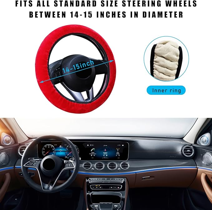 Augeny Fuzzy Car Steering Wheel Cover, Anti-Slip Soft Plush Steering Wheel Protector, 15 Inch Elastic Wheel Covers, Universal Vehicle Interior Winter Warm Accessories for Men Women (Red)