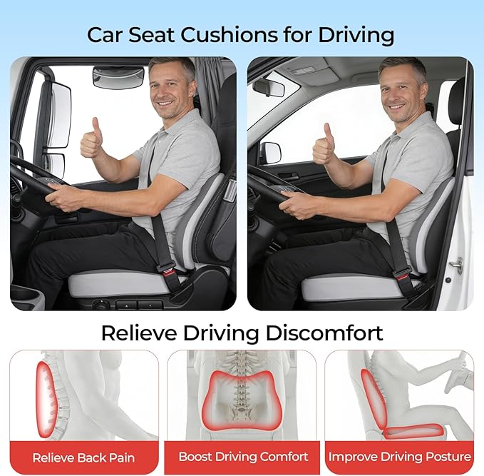 Car Seat Cushion & Lumbar Support Set, Memory Foam Seat Cushion for Long Sitting & Driving, Ideal for Truck Bus Van Drivers, Office Chair Cushion Set