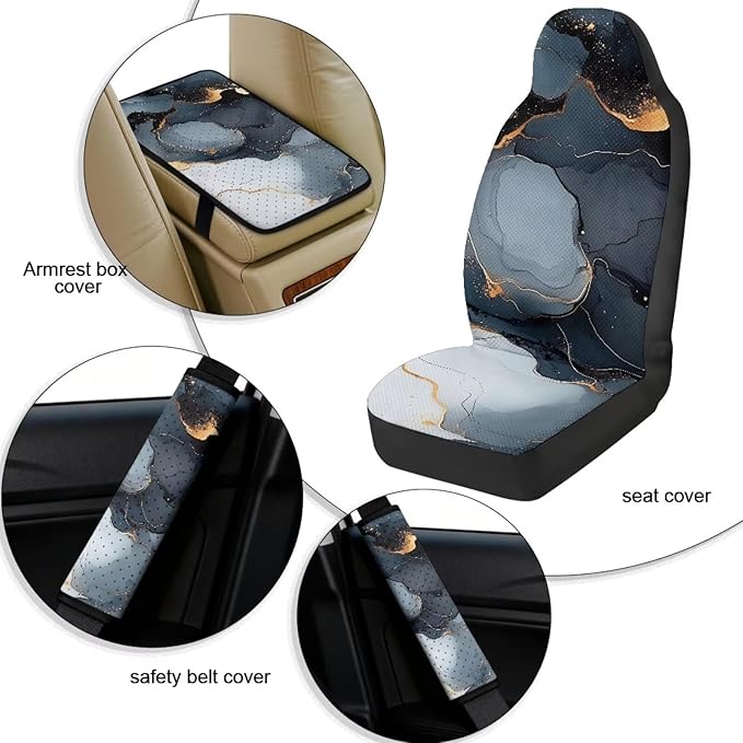 Qeluxign Marble Air Mesh Car Seat Covers & Accessories 5-Piece Set 2 Seat Covers, 2 Shoulder Belt Pads, 1 Console Pad PU Leather Car Interior Set for Women