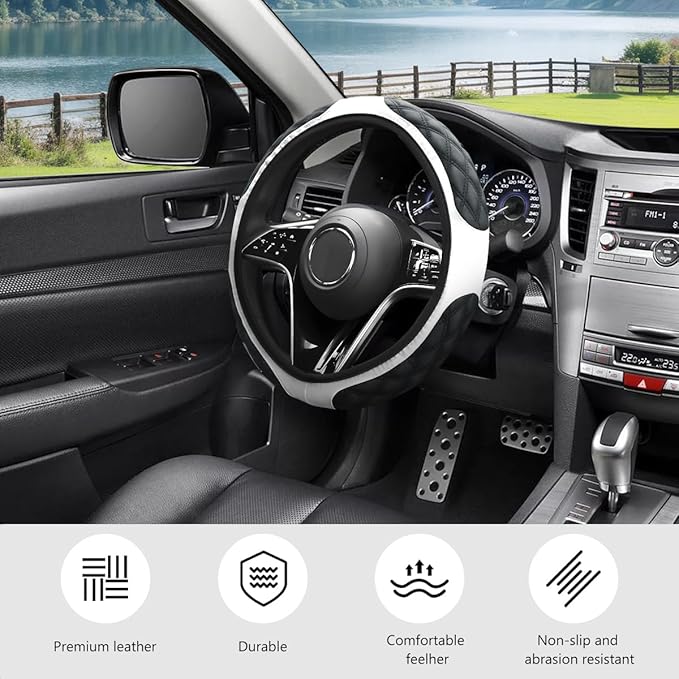 Car Steering Wheel Cover, 15 Inches Leather Steering Wheel Protector with Non-Slip Grip, Universal Wheel Covers Interior Decoration for Sedens Trucks SUVs, Car Accessories (White)
