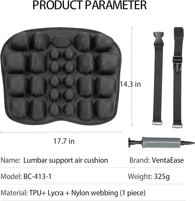 VentaEase Inflatable Lumbar Support Pillow for Car & Office Chair - Tailbone Pain Relief Air Seat Cushion for Driver, Wheelchair, Airplane Seat, Travel - 17.7x14.3x2.0 Inches