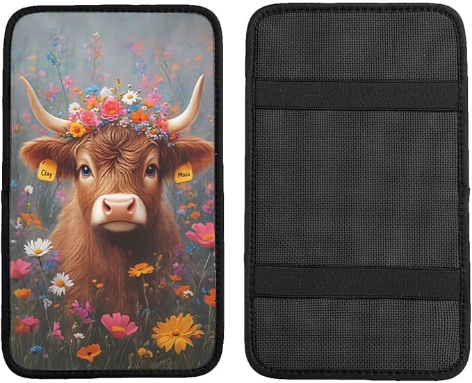 Universal Car Center Console Cushion Pad, Cute Highland Cow Flowers Soft Waterproof Car Center Console Cover Auto Armrest Seat Box Cover Protector for Most Vehicle SUV Truck Car