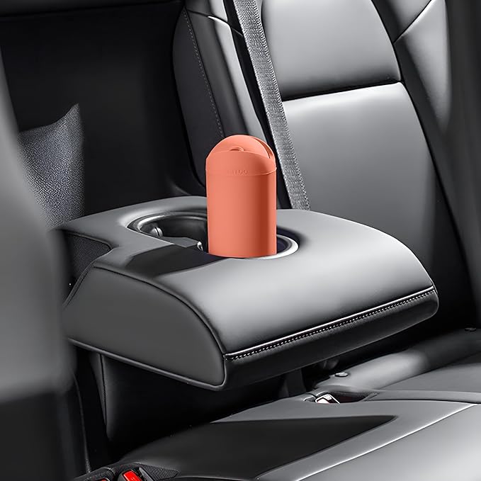 Car Trash Can with Lid, Silicone Leakproof Mini Round Vehicle Garbage Bin for Cup Holder, Portable Automotive Interior Waste Storage & Organizers Accessories, Universal Fit (Orange)