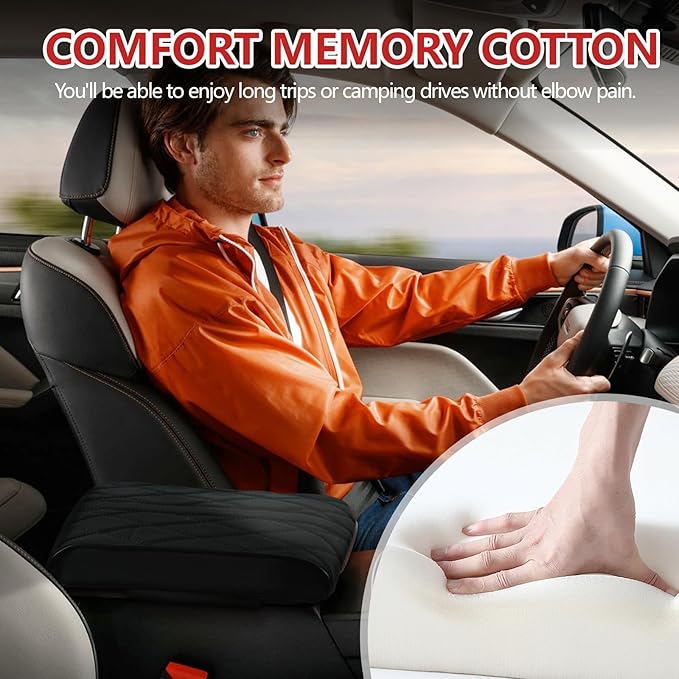 Memory Foam Car Armrest Cushion, 13"×8.3"×2" Leather Car Armrest Cover Pad, Auto Center Console Cover, Universal Vehicle Arm Rest Cover Protector, Interior Car Accessories (Black)