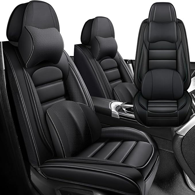 Iceleather Luxury Car Seat Covers for Ford Edge 2007-2025,Waterproof Soft Breathable PU Leather Seat Cover with Storage Pockets(Classic Black,Front Set with Pillow)