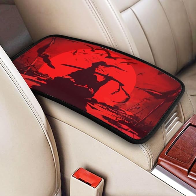 DORKEIXIA Japanese Samurai Broken Swords Arrows Crow Bloody Sun Auto Center Console Armrest Pad Universal Car Center Console Cover Seat Box Cover for Sedan, Van, SUV, Truck Car Accessorie