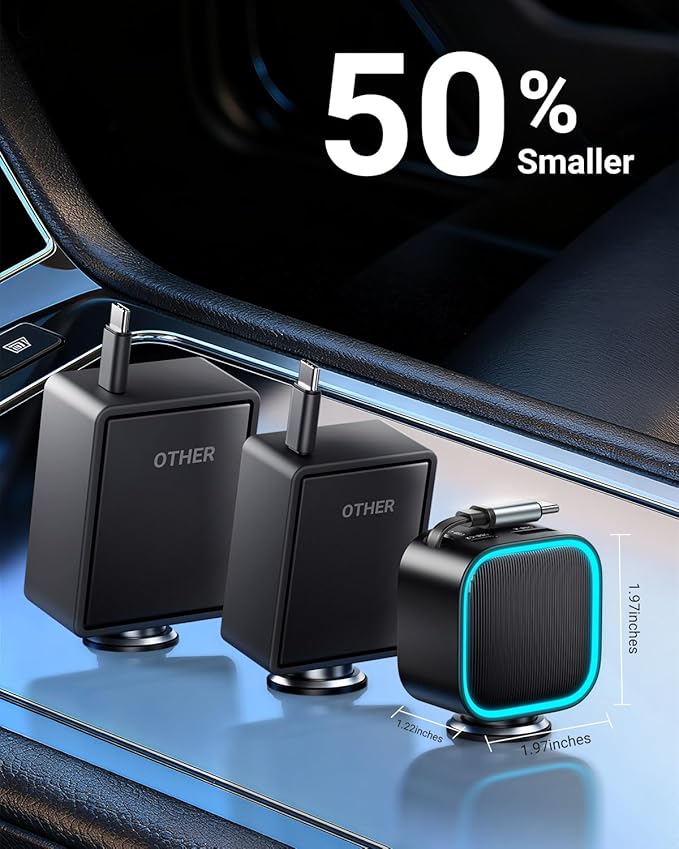 Retractable Car Charger USB-C,Rocoren 57W Type C Fast Car Charging [Ultra-Compact Mini] with Cord Cigarette Lighter Adapter Car Accessories for iPhone 17 16 15 Samsung S25 Ultra Pixel Android
