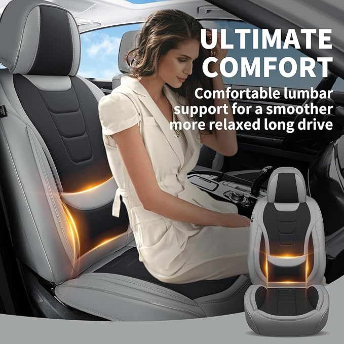 Gripure Car Seat Covers for Full Set – Waterproof & Breathable Faux Nappa Leather, 360° Wrap Design, Airbag Compatible, Lumbar Support, Great for Drivers Who Need Driving Comfort,Gray and Black