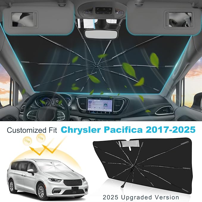 2025 Upgrade Windshield Sun Shade Umbrella Custom Fit for Chrysler Pacifica 2017-2025 Foldable UV Protection Car Cover, Emergency Rain Shield & Dashboard Protector - Durable Auto Accessory