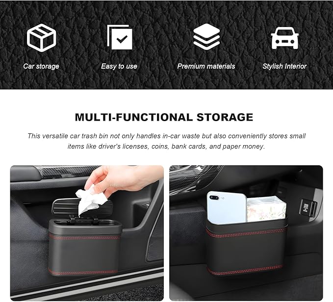 Car Trash Can with Lid, Leather Auto Dustbin Hanging Organizer with Mounting Clip, Multi-Purpose Leakproof Vehicle Garbage Bin Storage Container for Cars SUVs RVs (Brown)