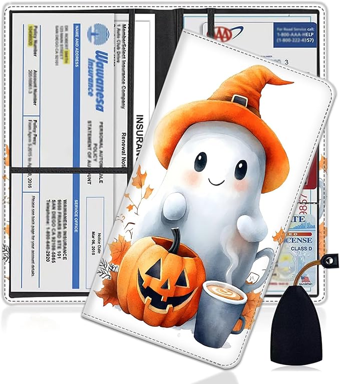Car Registration Holder, PU Leather Vehicle Glove Box Organizer for Driver License, Document, Car Insurance Holder with Magnetic Shut, Auto Paperwork Wallet Case Accessories, Cute Ghost Pumpkin