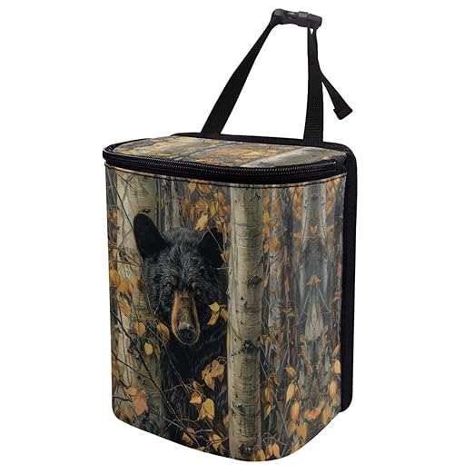 Talayituse Bear Hunting Camo Print Car Trash Can with Lid, Leak Proof Auto Trash Bag Hanging Vehicle Garbage Can Multipurpose Storage Container for Back Seat Road Trip