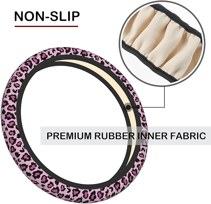 Pink Leopard Print Elastic Steering Wheel Cover, Non-Slip Breathable Neoprene Steering Wheel Covers, Women Pink Car Accessories, Universal 15 Inch Fit Auto, Suvs, Truck
