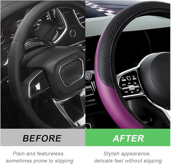 Car Steering Wheel Cover, 15 Inch Carbon Fiber Leather Stitching Color Steering Wheel Protector, Anti-Slip Elastic Breathable Steering Wheel Cover Stylish Decor for Most Cars (Black&Purple, AD)